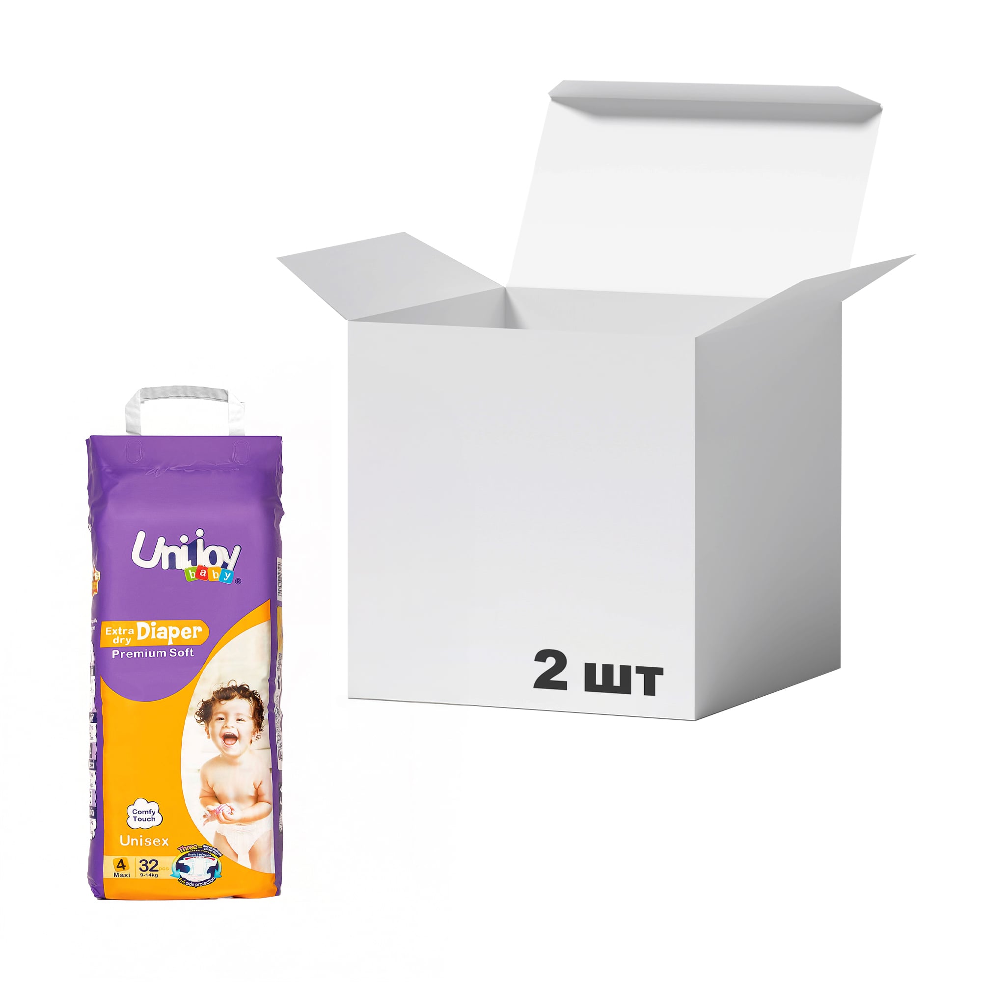 Упаковка підгузків Unijoy Premium Soft розмір L (9-14 кг), 32 шт * 2 шт
