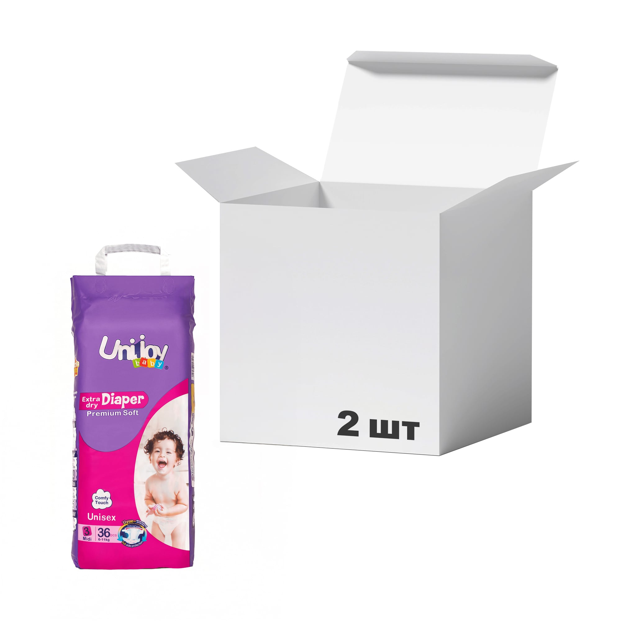 Упаковка підгузків Unijoy Premium Soft розмір М (6-11 кг), 36 шт * 2 шт